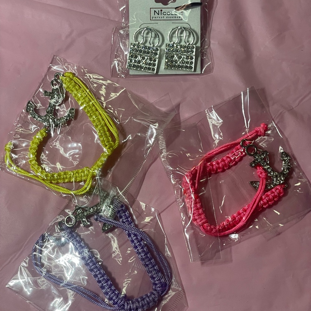 Anchor Charm Bracelet Set - Pink, Yellow, Purple 3 bracelets 1 pair earrings